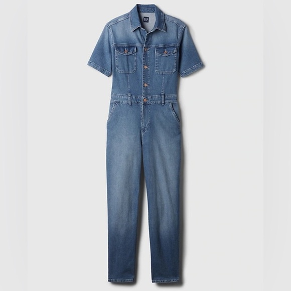 GAP Blue Denim Short Sleeve Jumpsuit - Picture 1 of 8